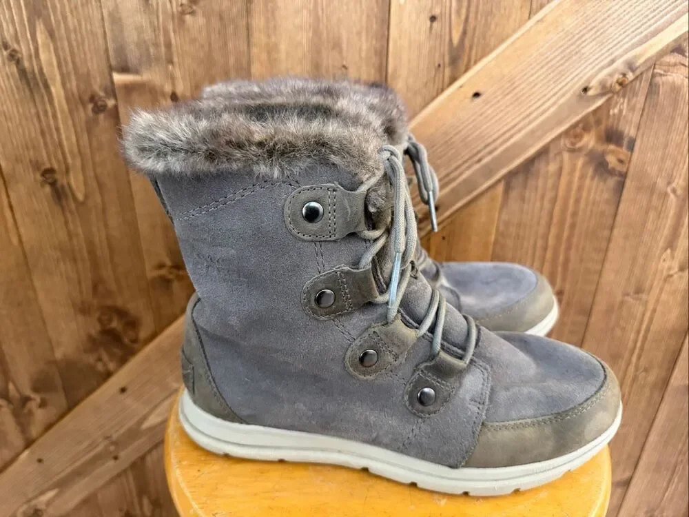 Sorel Women’s Size 8.5 Gray Suede Faux Fur Lace Up Winter Ankle Boots